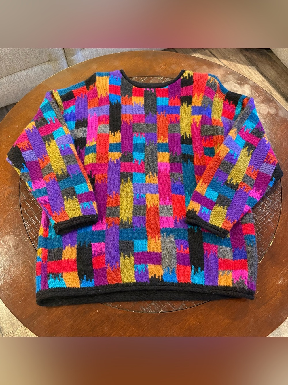3682 Peruvian Connection Alpaca Handmade Knit Pullover Crewneck Geometric S